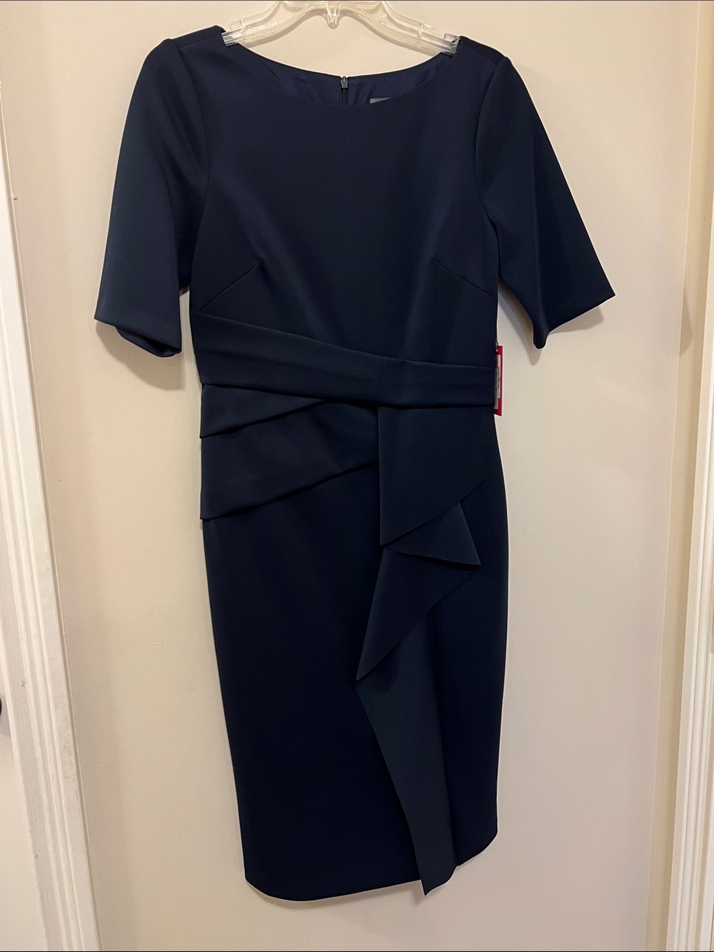 Vince Camuto Navy Midi Sheath Dress with Draped Front Detail